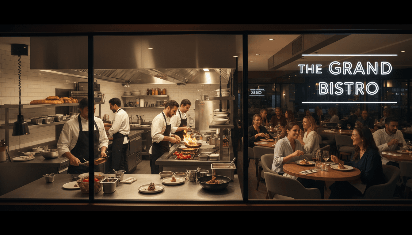 Restaurante próspero con equipo trabajando y clientes satisfechos disfrutando de la comida
