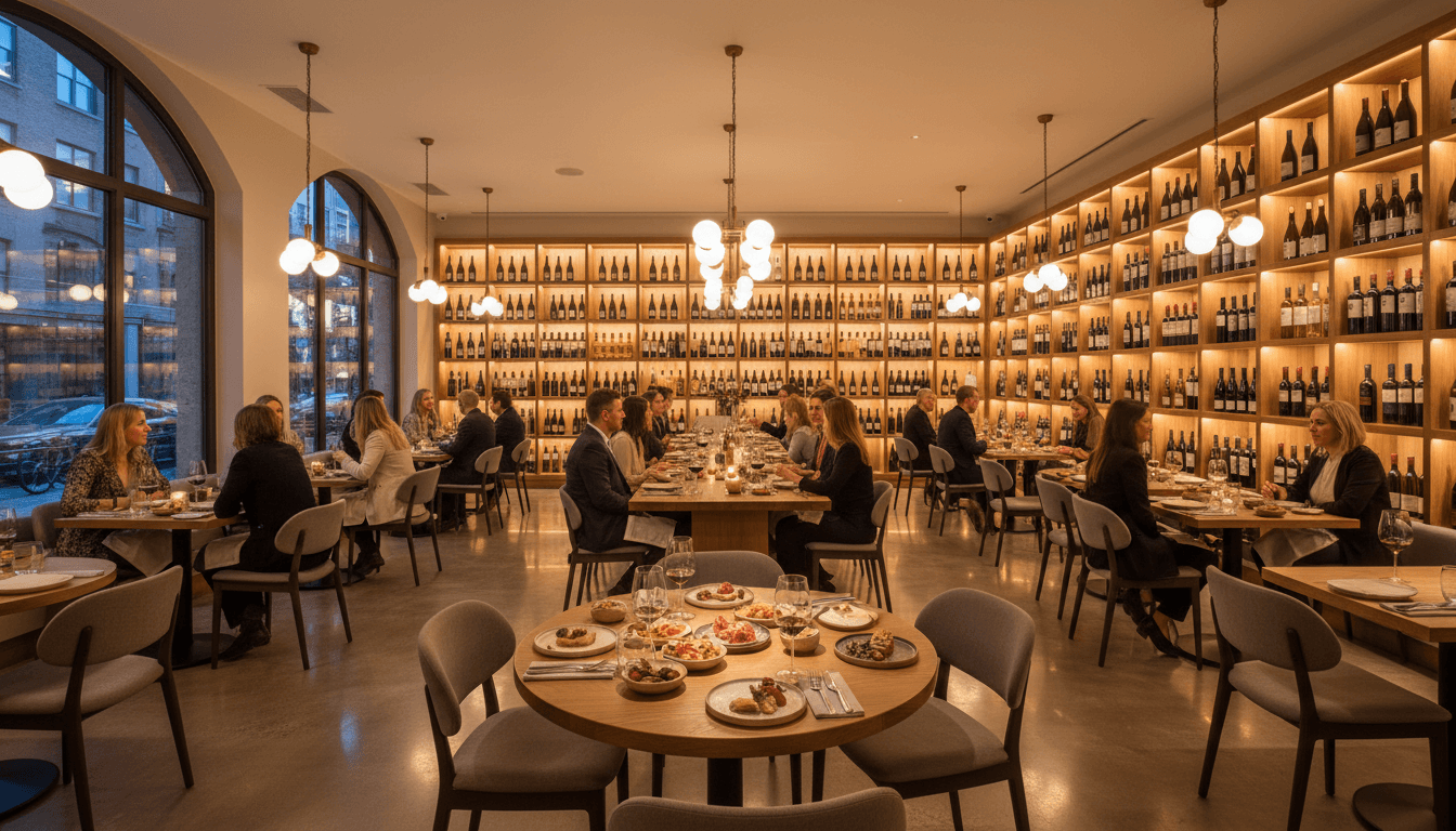 Menú de bistró con sección de vinos y platos destacados