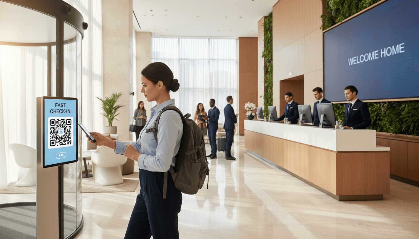 Personal de hotel mostrando tarjeta NFC a huésped