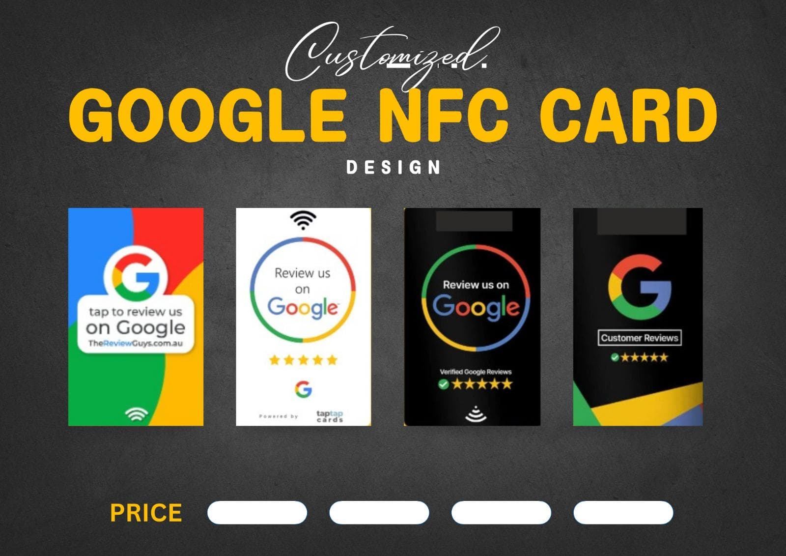 Cuatro diseños personalizados de tarjetas NFC de Google para reseñas de clientes en varios estilos.