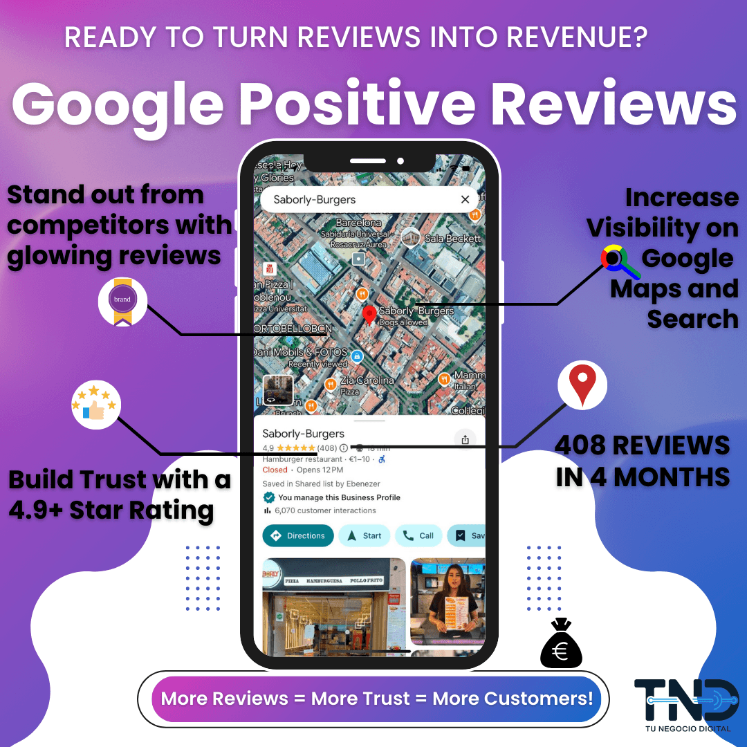 Publicidad de reseñas positivas de Google mostrando un negocio con alta calificación en un smartphone.