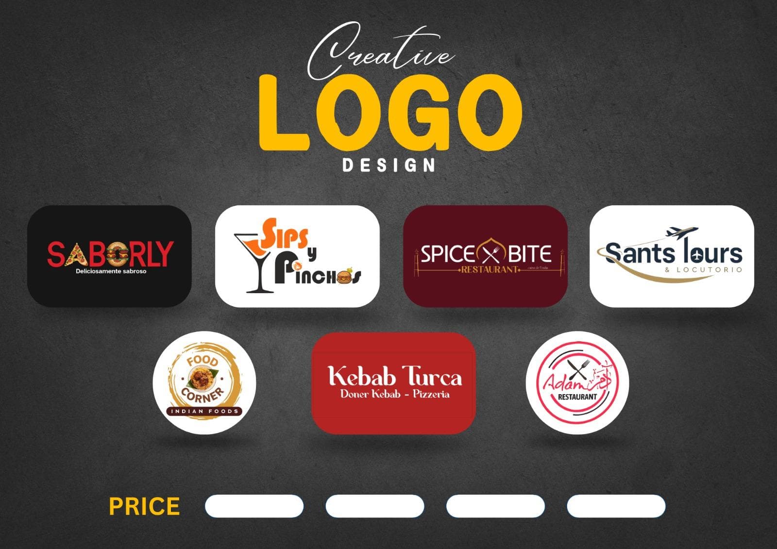 Colección de logotipos creativos para diversos restaurantes y agencias de viajes sobre fondo gris oscuro.