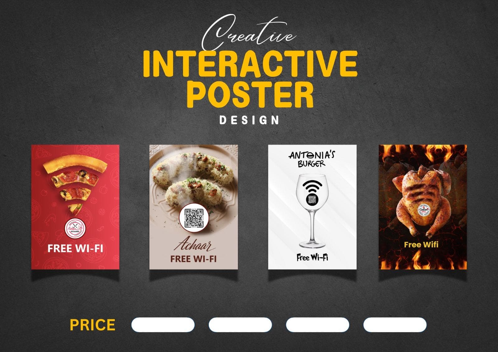 Cuatro carteles creativos que usan comida y bebida para representar símbolos de Wi-Fi gratuito.
